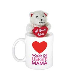 Foto van Moederdag cadeau voor de liefste mama + hartje beker / mok 300 ml met beige knuffelbeertje met love - feest mokken