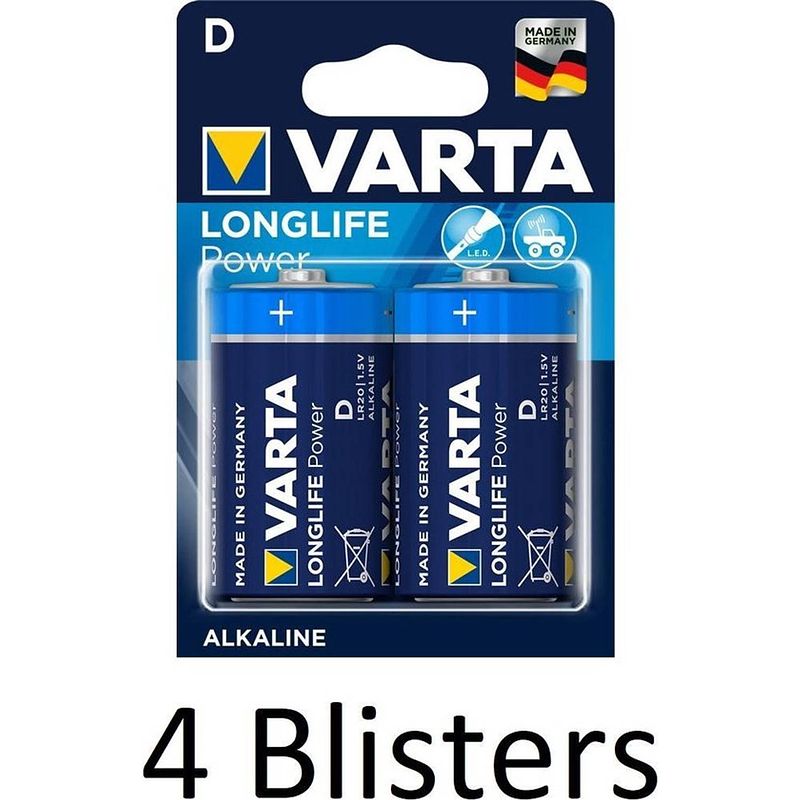 Foto van 8 stuks (4 blisters a 2 st) varta longlife power d batterijen