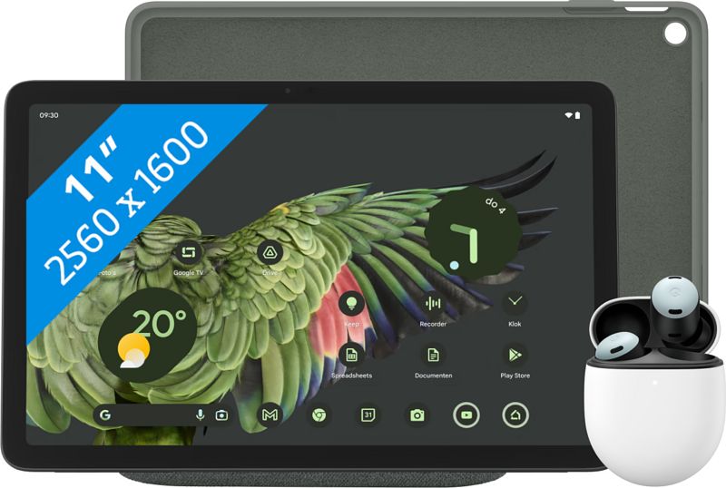 Foto van Google pixel tablet 256gb wifi grijs + pixel tablet back cover grijs + pixel buds pro