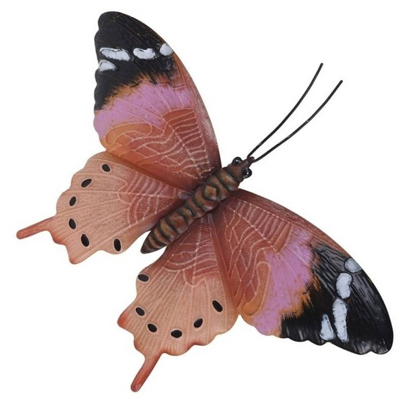 Foto van Tuin/schutting decoratie roestbruin/roze vlinder 35 cm - tuinbeelden