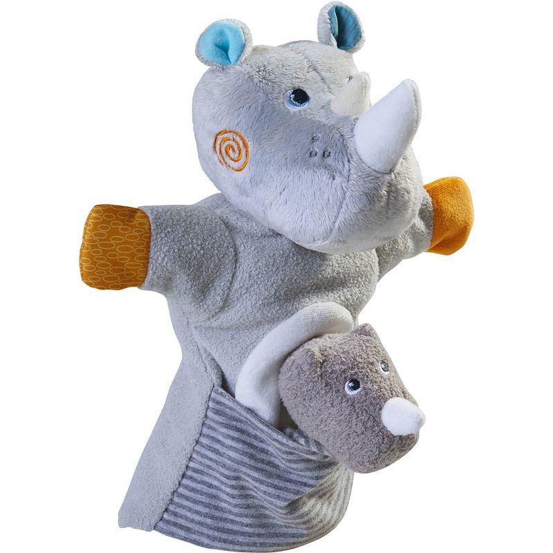 Foto van Haba handpop neushoorn junior 30 x 22 cm polyester grijs