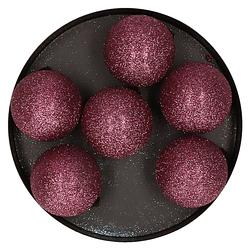Foto van 6x stuks kunststof glitter kerstballen aubergine roze 6 cm - kerstbal