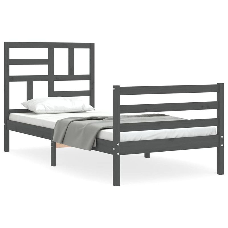 Foto van The living store bedframe massief grenenhout - grijs - 205.5 x 95.5 x 104 cm - multiplex lattenbodem