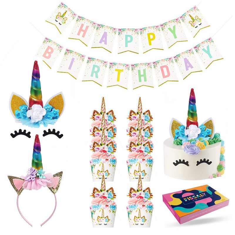 Foto van Fissaly® 53 stuks regenboog eenhoorn verjaardag decoratie versiering - unicorn topper set - kinderfeest - feest
