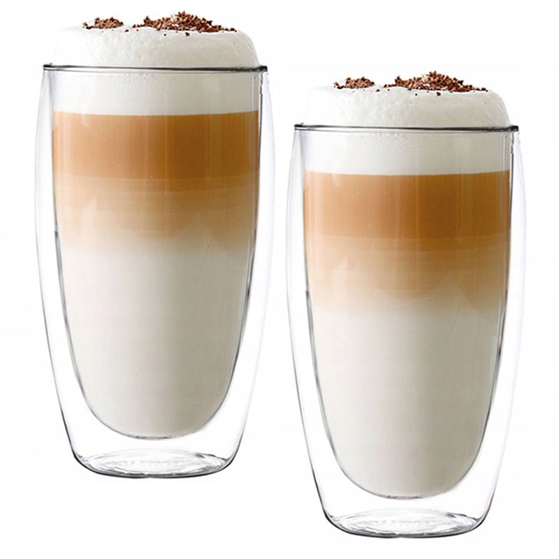 Foto van Luxe latte macchiato glazen dubbelwandig - koffieglazen - cappuccino glazen - theeglas dubbelwandig - 450 ml - set van 2