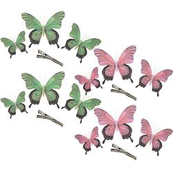 Foto van Othmar decorations decoratie vlinders op clip 12x stuks - groen/roze - 12/16/20 cm - hobbydecoratieobject