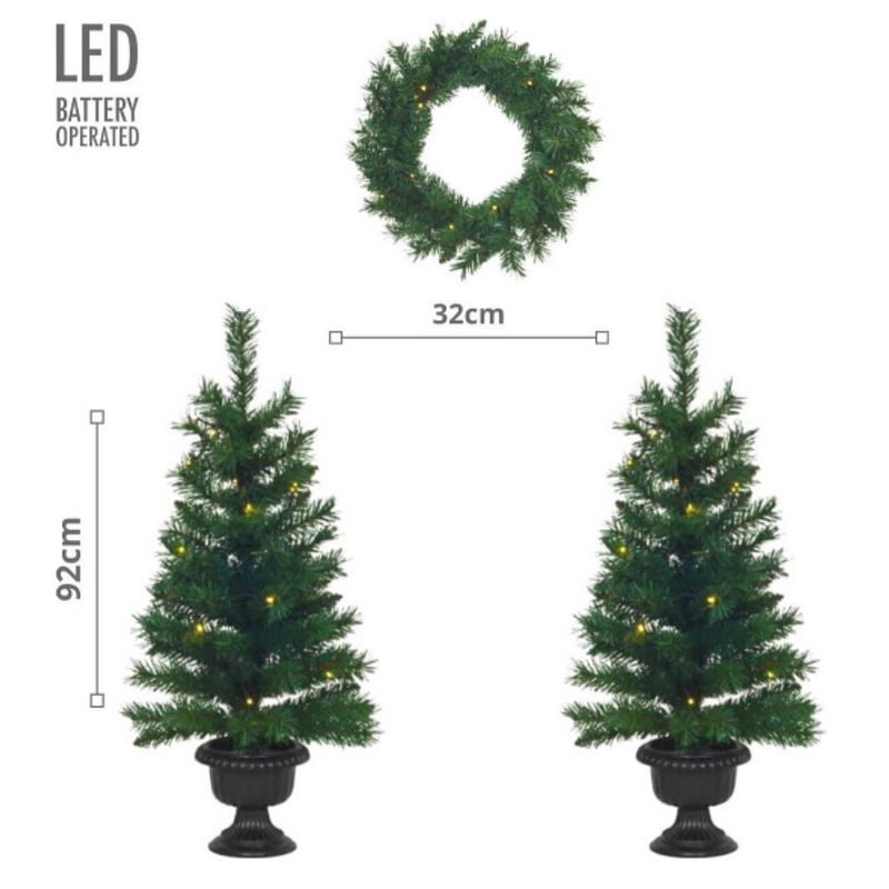 Foto van Kerstbomen en kerstkrans met verlichting - led - set van 3 stuks - kunstkerstboom - kunstkerstboom met verlichting -...
