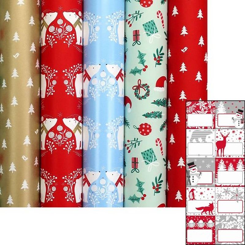 Foto van Cosy cottage - kerstpapier assortiment cadeaupapier inpakpapier - 2 meter x 70 cm - 5 rollen - inclusief labels