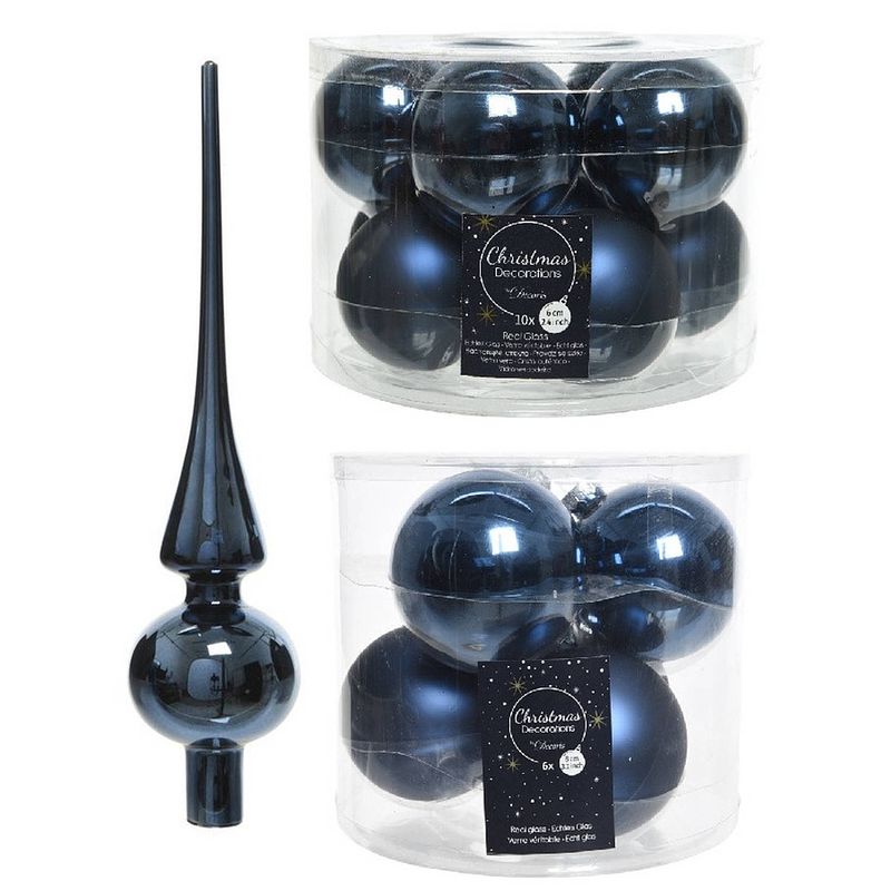 Foto van Glazen kerstballen pakket donkerblauw glans/mat 32x stuks inclusief piek glans - kerstbal