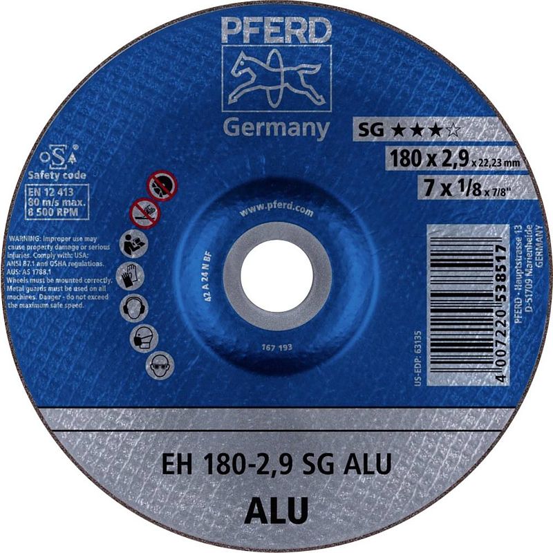 Foto van Pferd eh 180-2,9 sg alu 61323323 doorslijpschijf gebogen 180 mm 22.23 mm 25 stuk(s)