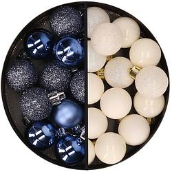 Foto van 34x stuks kunststof kerstballen donkerblauw en wolwit 3 cm - kerstbal