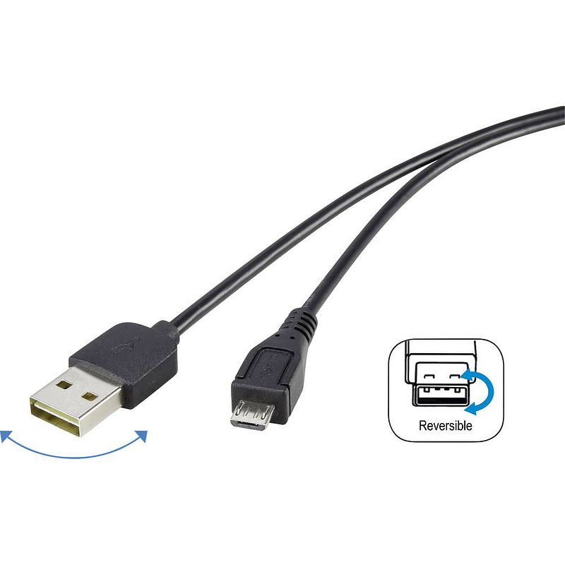 Foto van Renkforce usb-kabel usb 2.0 usb-a stekker, usb-micro-b stekker 1.80 m zwart stekker past op beide manieren, vergulde steekcontacten rf-4096110