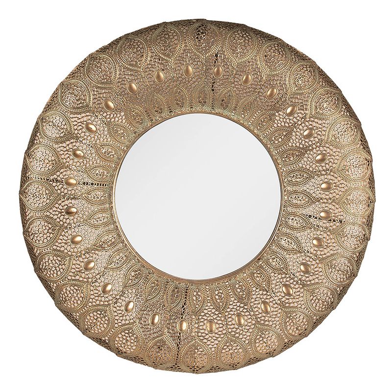 Foto van Haes deco - ronde spiegel met mooi bewerkte rand - goudkleurig - ø 60x6 cm - metaal / glas - wandspiegel, spiegel rond