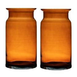 Foto van Set van 2x stuks oranje/transparante melkbus vaas/vazen van glas 29 cm - vazen