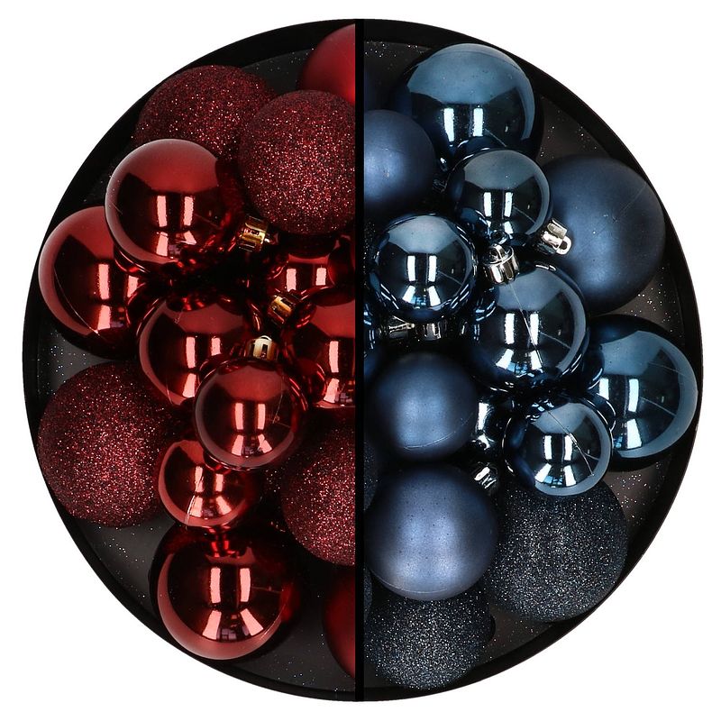 Foto van Kerstballen 60x stuks - mix donkerrood/donkerblauw - 4-5-6 cm - kunststof - kerstbal