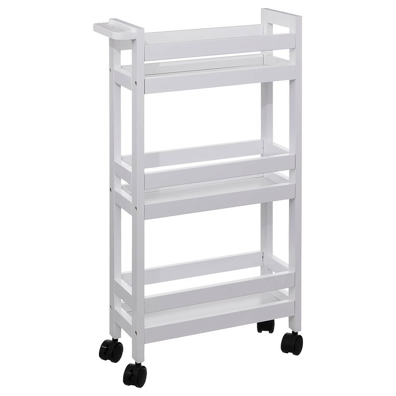 Foto van Keuken of badkamer trolley 3-laags - wit - d15 x b40 x h75 cm - mdf hout - met wielen - opberg trolley