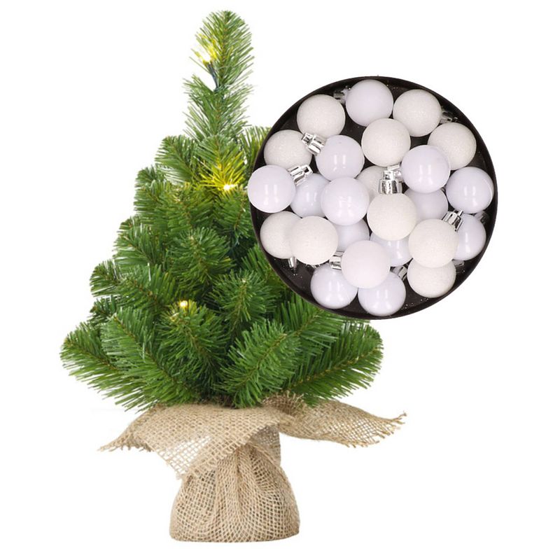 Foto van Mini kerstboom/kunstboom met verlichting 45 cm en inclusief kerstballen wit - kunstkerstboom