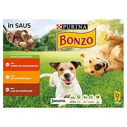 Foto van Bonzo hondenvoer nat met rund, kip of lam in saus 12x100g bij jumbo