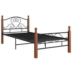 Foto van The living store metalen bedframe - eenpersoons - zwart en donkerhout - 210x97x90cm - gepoedercoat metaal en massief