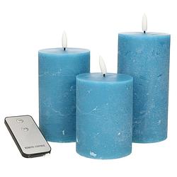 Foto van Led stompkaarsen met afstandsbediening - 3x - blauw - 10/12.5/15 cm - led kaarsen