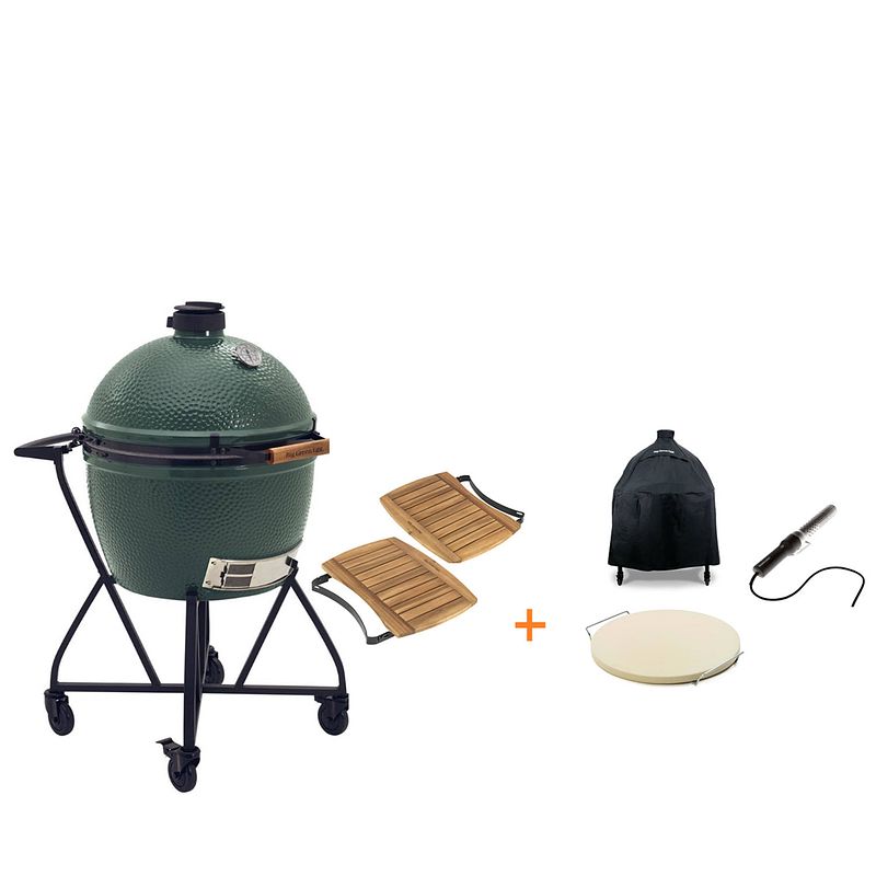 Foto van Big green egg xlarge met integgrated nest en handler onderstel, zijtafels en hoes