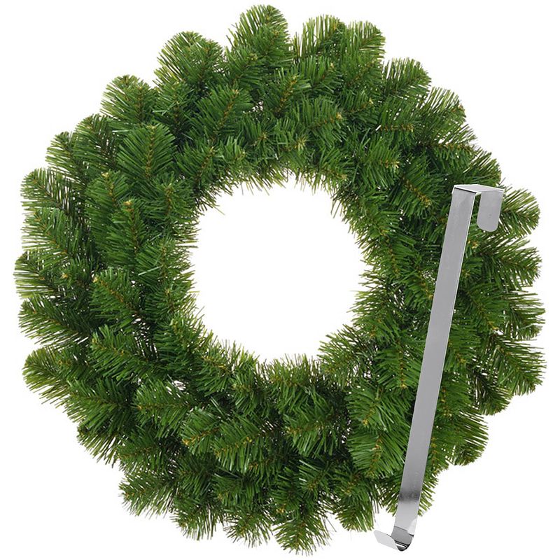 Foto van Kerstkrans 45 cm - groen - met zilveren hanger/ophanghaak - kerstversiering - kerstkransen