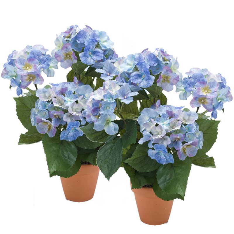 Foto van 2x stuks blauwe hortensia kunstplant in terracotta pot 40 cm - kunstplanten