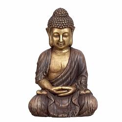 Foto van Boeddha beeldje zittend - binnen/buiten - kunststeen - bruin/goud - 30 x 45 cm - beeldjes