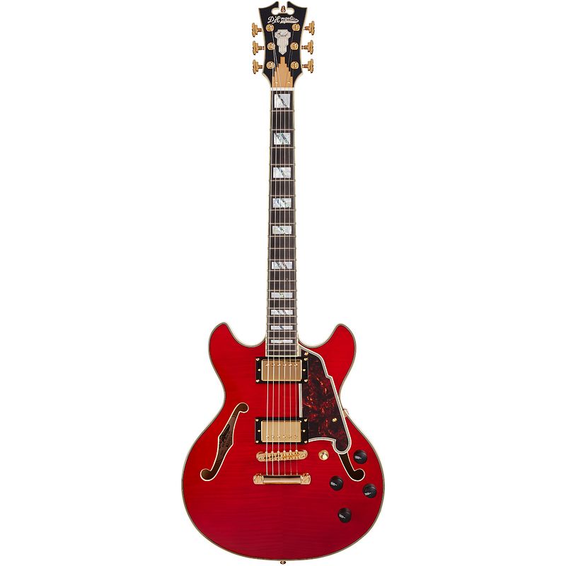 Foto van D'sangelico excel mini dc trans cherry semi-akoestische gitaar met koffer