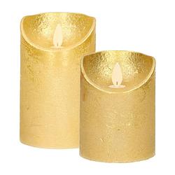 Foto van Led kaarsen/stompkaarsen - set 2x - goud - h10 en h12,5 cm - bewegende vlam - led kaarsen
