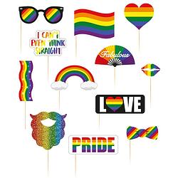 Foto van Foto prop set - gay pride - 12-delig - regenboog/rainbow vlag - lhbti/lgbtq photo booth accessoires - fotoprops