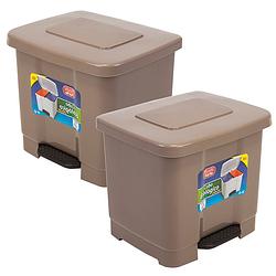 Foto van 2x stuks dubbele afvalemmer/vuilnisemmer taupe 35 liter met deksel en pedaal - prullenbakken