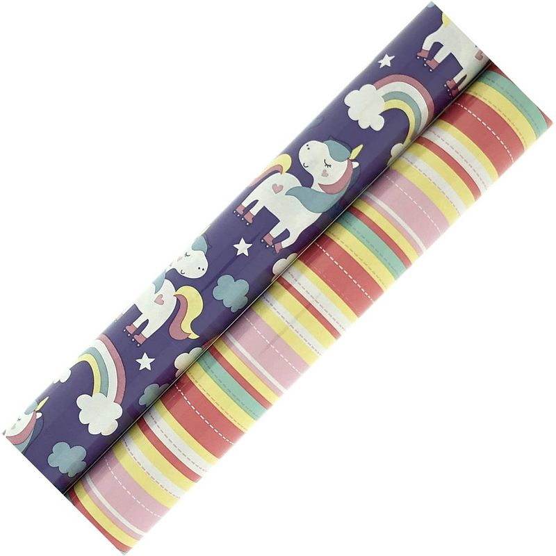 Foto van Assortiment inpakpapier cadeaupapier voor kinderen met strepen en unicorn ho109 - 10 mtr x 70 - 2 rollen