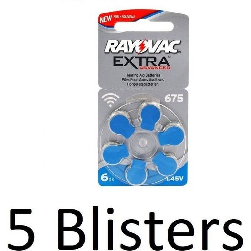 Foto van 30 stuks (5 blister a 6st) rayovac 675 extra advanced gehoorapparaat batterijen - blauw