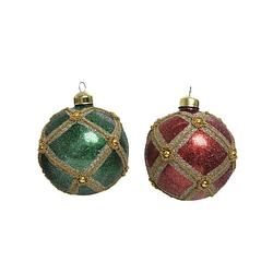 Foto van Kerstbal glas a2 rood/groen glitter-beads decoris