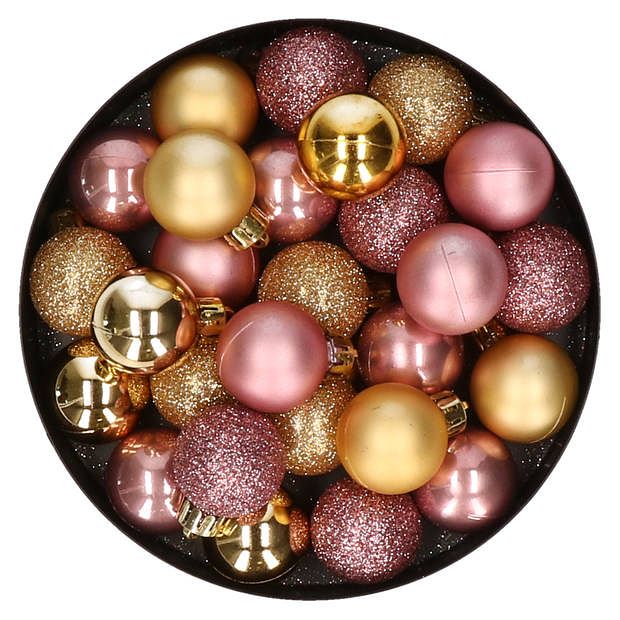 Foto van 28x stuks kunststof kerstballen goud en oudroze mix 3 cm - kerstbal