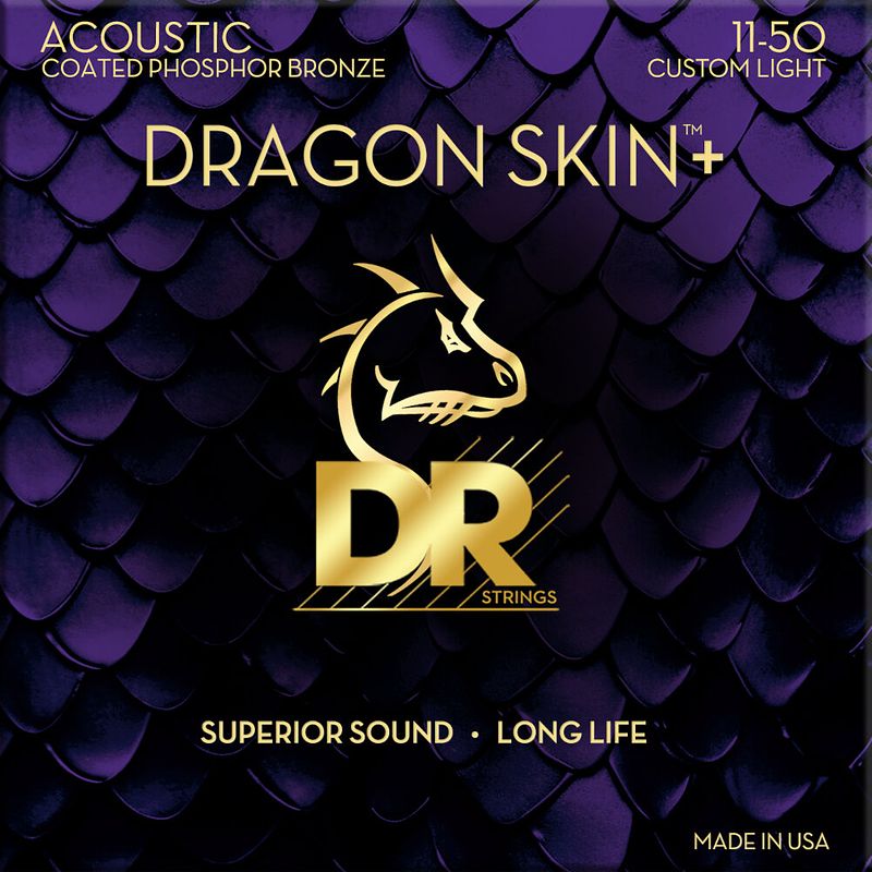 Foto van Dr strings dragon skin+ coated phosphor bronze custom light 11-50 snaren voor westerngitaar