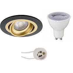 Foto van Led spot set - pragmi alpin pro - gu10 fitting - dimbaar - inbouw rond - mat zwart/goud - 6w - helder/koud wit 6400k -