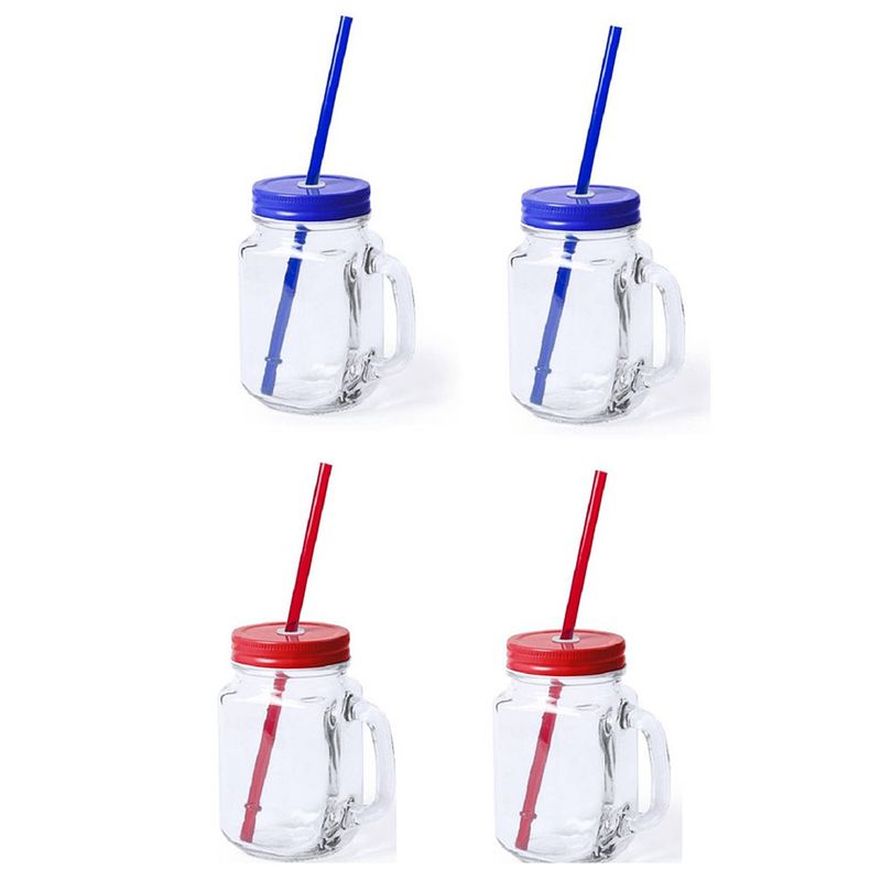 Foto van 4x stuks drink potjes van glas mason jar blauw/rood 500 ml - drinkbekers