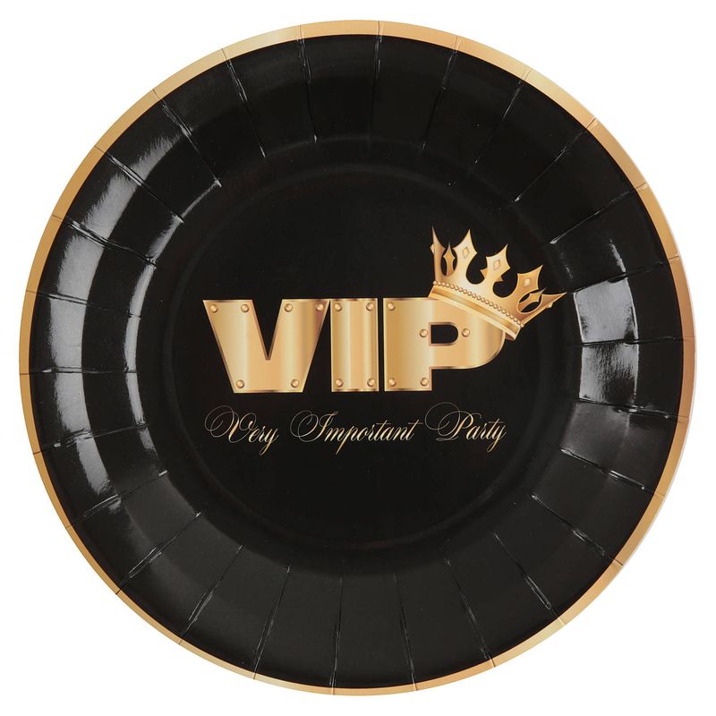 Foto van Vip thema feest wegwerpbordjes - 10x stuks - 23 cm - goud/zwart themafeest - feestbordjes