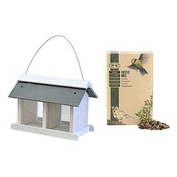 Foto van Vogelhuisje/voedersilo met twee vakken wit hout/leisteen 31 cm inclusief vogelvoer - vogelhuisjes