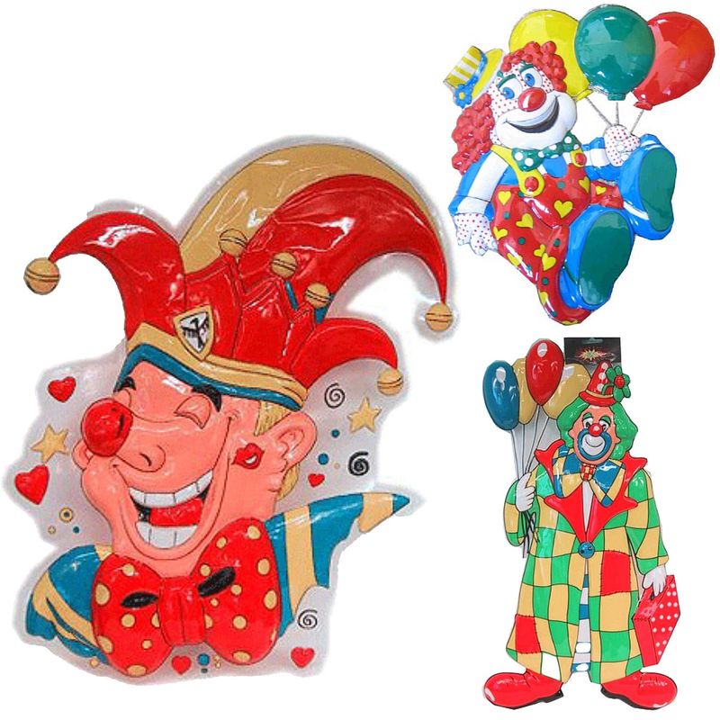 Foto van Carnaval versiering clowns - 3x grote wand decoraties 60 cm - feestpakketten