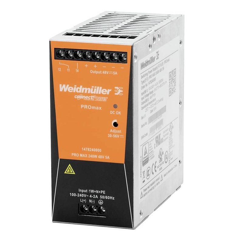 Foto van Weidmüller pro max 240w 24v 10a din-rail netvoeding 24 v/dc 10 a 240 w