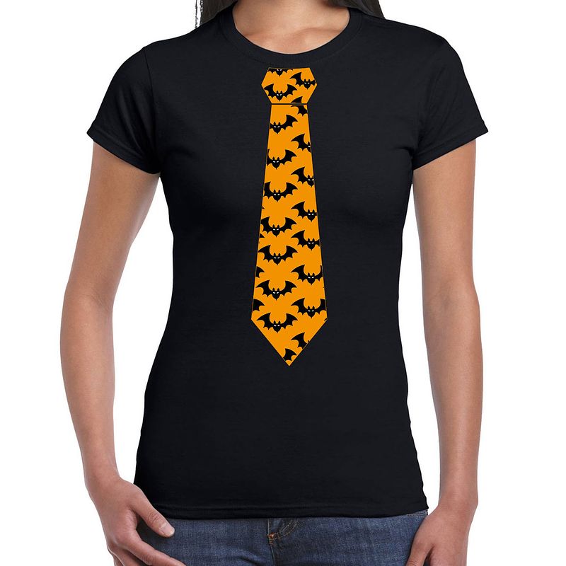 Foto van Halloween/thema verkleed feest stropdas t-shirt vleermuizen voor dames - zwart s - feestshirts