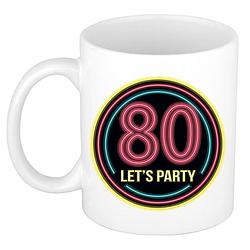 Foto van Verjaardag mok / beker - lets party 80 jaar - neon - 300 ml - verjaardagscadeau - feest mokken