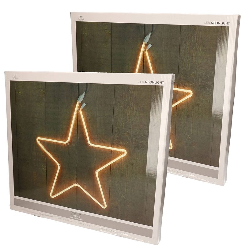 Foto van Set van 2x stuks verlichte neon sterren/kerststerren decoratie 200 lampjes warm wit 54 cm - kerststerren