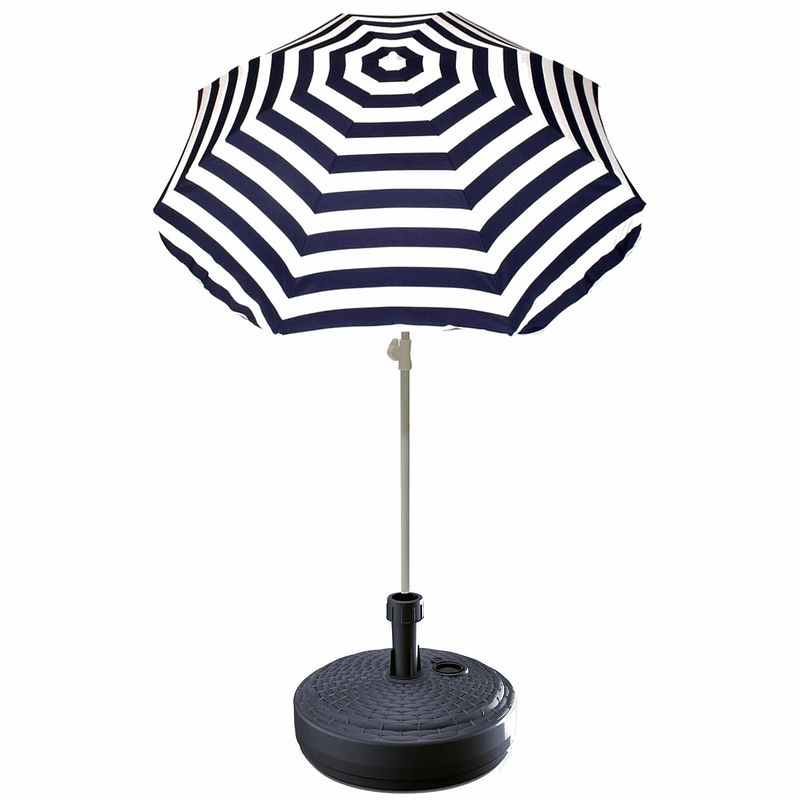 Foto van Blauw gestreepte strand/tuin basic parasol van nylon 180 cm + parasolvoet antraciet - parasols