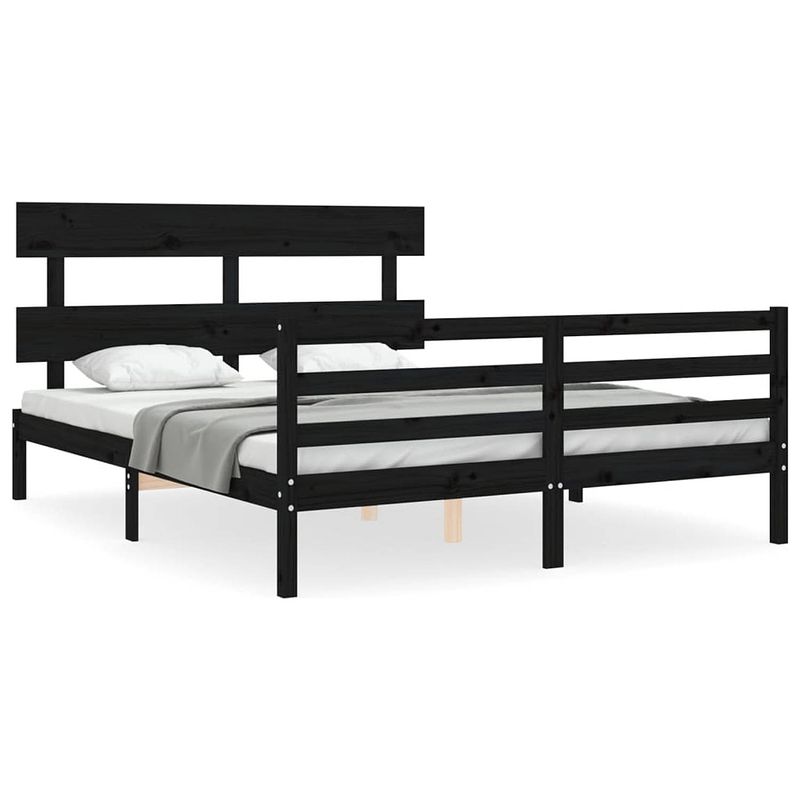 Foto van The living store massief grenenhouten bedframe - zwart - 205.5 x 155.5 x 81 cm - geschikt voor 150 x 200 cm matras -