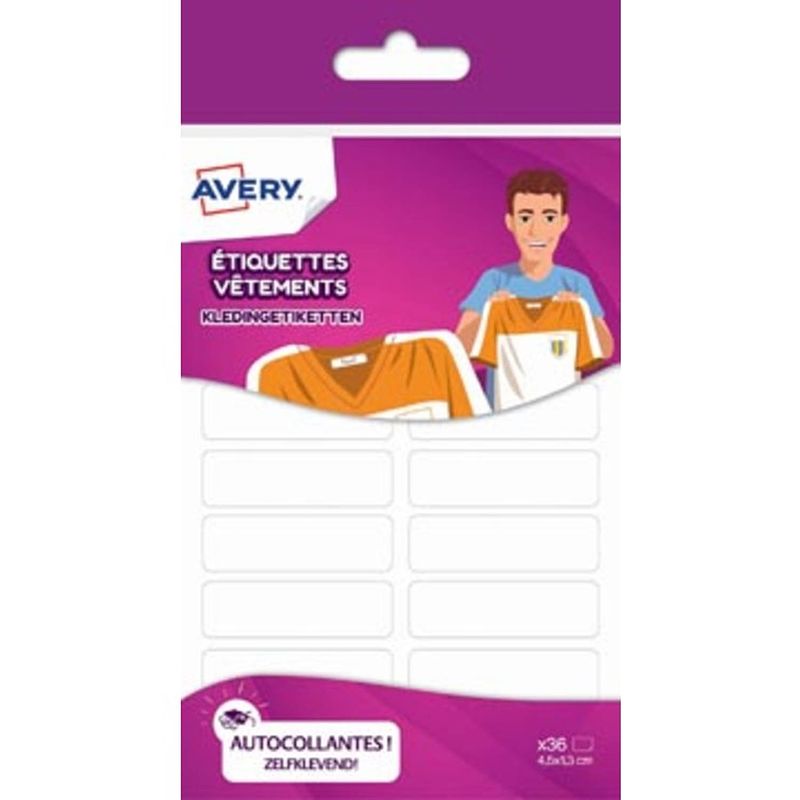 Foto van Avery family kledingetiketten, ft 4,5 x 1,3 cm, wit, ophangbare etui met 36 etiketten