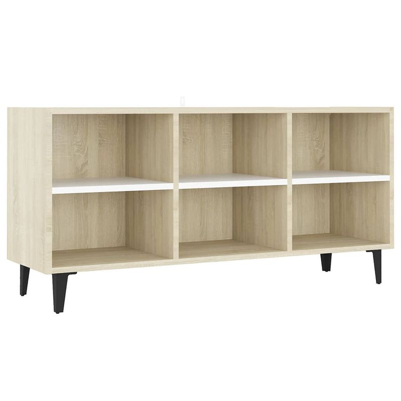 Foto van The living store tv-meubel industriële charme 103.5x30x50 cm - wit en sonoma eiken - 4 metalen poten